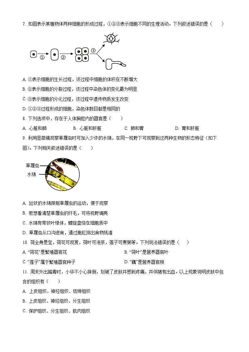 江苏省宿迁市泗阳县2023-2024学年七年级下学期期末生物试题（原卷版）第2页