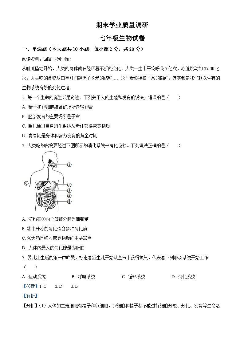 湖北省孝感市孝昌县2023-2024学年七年级下学期期末生物试题（解析版）第1页