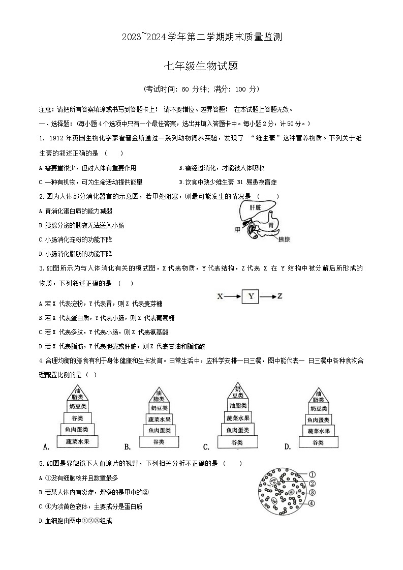 福建省龙岩市长汀县2023-2024学年七年级下学期期末考试生物试题第1页
