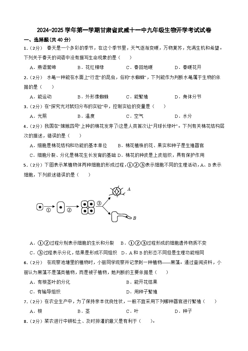 甘肃省武威市第十一中学2024-2025学年九年级上学期开学考试生物试卷第1页