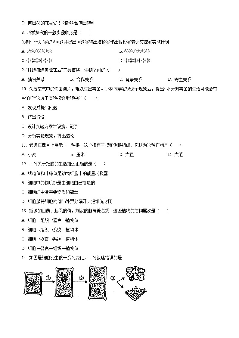 山西省太原市实验中学校2024-2025学年七年级上学期开学生物试题（原卷版+解析版）02