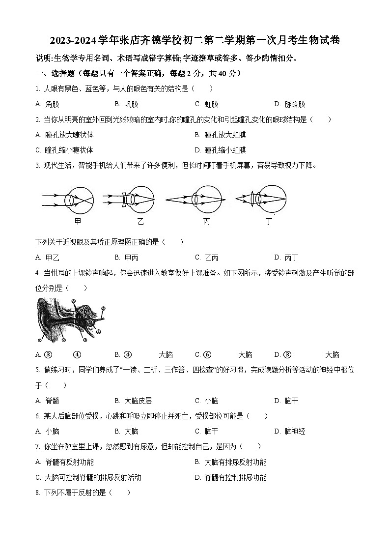 山东省淄博市张店区齐德学校2023-2024学年七年级下学期第一次月考生物试题（原卷版）第1页