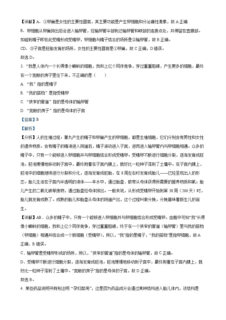 河南省驻马店市正阳县2023-2024学年七年级下学期期末生物学试题（解析版）第2页