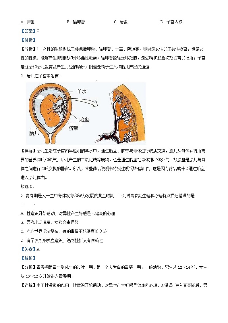 河南省驻马店市正阳县2023-2024学年七年级下学期期末生物学试题（解析版）第3页