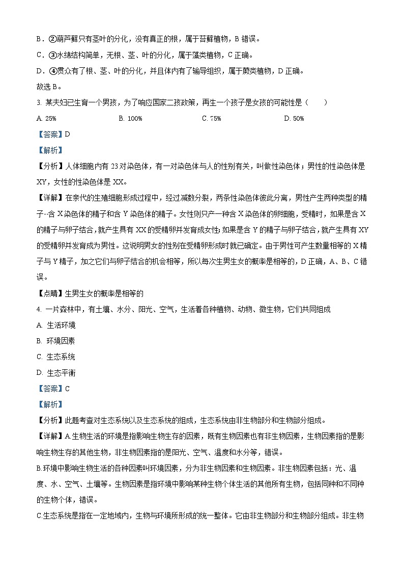 2024年山西省临汾市侯马市中考一模生物试题（原卷版+解析版）02