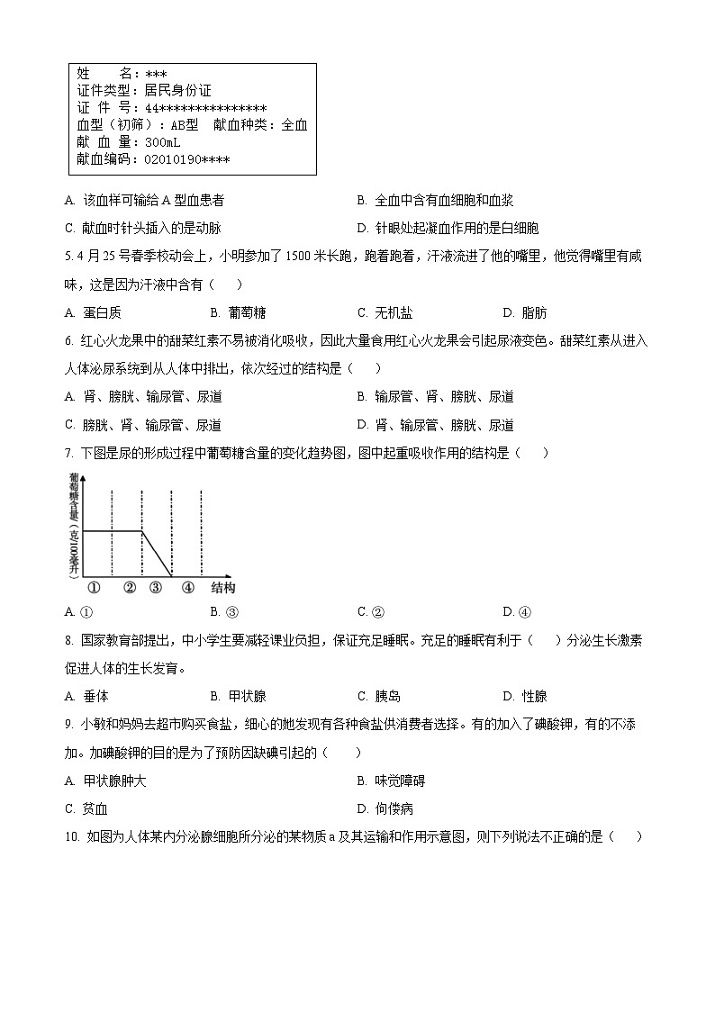 河南省舞钢市2023-2024学年七年级下学期期末生物试题（原卷版）第2页