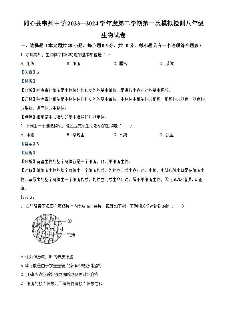 2024年宁夏回族自治区吴忠市同心县韦州中学中考一模生物试题（原卷版+解析版）01