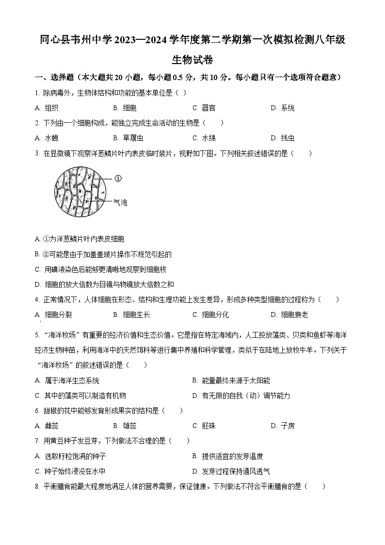 2024年宁夏回族自治区吴忠市同心县韦州中学中考一模生物试题（原卷版+解析版）01