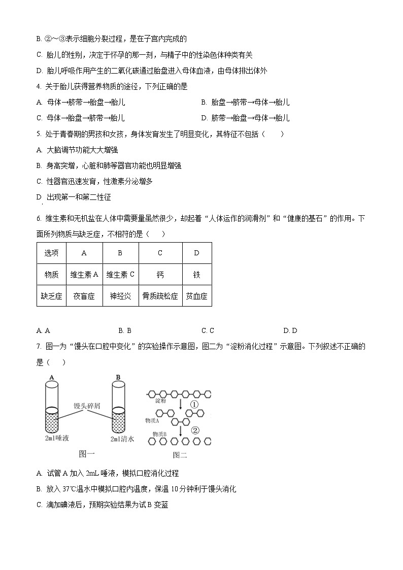 山东省临沂市河东区2023-2024学年七年级下学期期中生物学试题（原卷版）第2页