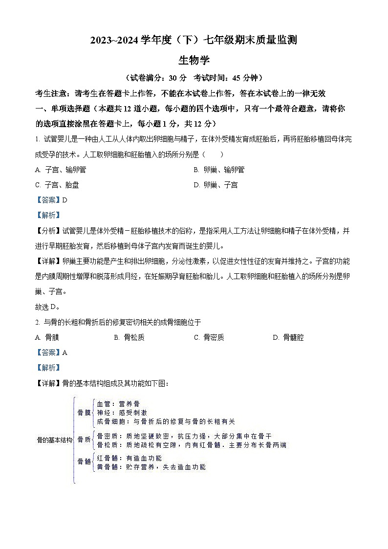 辽宁省沈阳市皇姑区2023-2024学年七年级下学期期末生物学试题（解析版）01