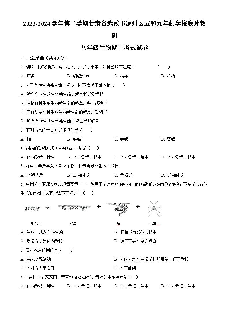 甘肃省武威市凉州区五和九年制学校联片教研2023-2024学年八年级下学期期中生物试题（原卷版）01