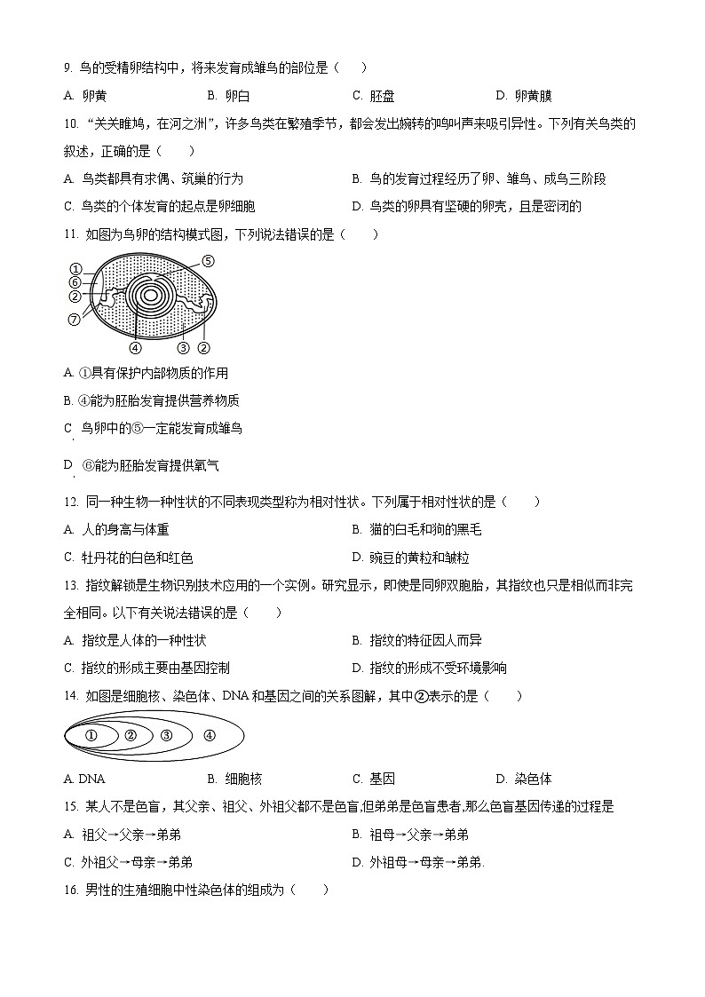 甘肃省武威市凉州区五和九年制学校联片教研2023-2024学年八年级下学期期中生物试题（原卷版）02