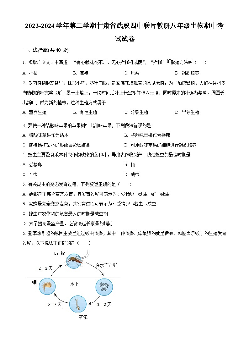 甘肃省武威第四中学2023-2024学年八年级下学期期中生物试题（原卷版）第1页