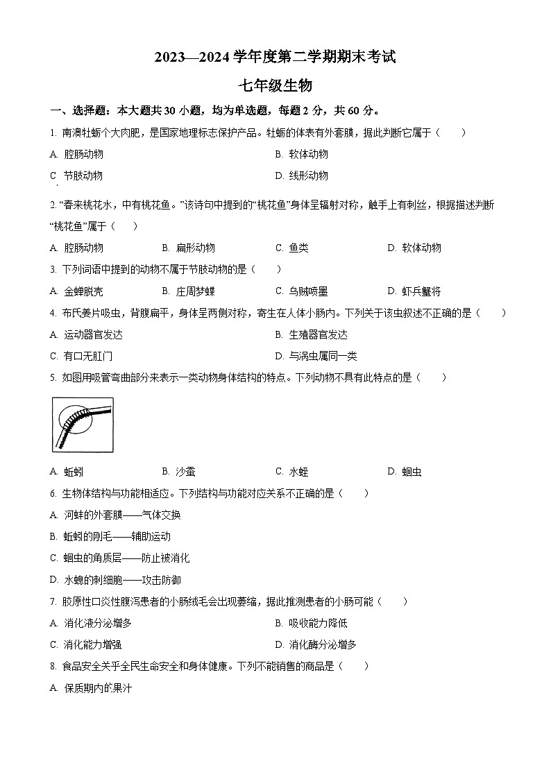 广东省汕头市潮阳区多校联考2023-2024学年七年级下学期期末生物学试题（原卷版）01