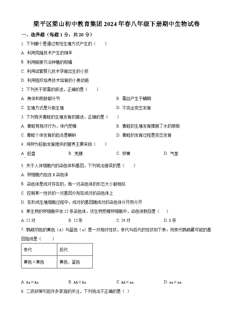 重庆市梁平区梁山初中教育集团2023-2024学年八年级下学期期中生物试题（原卷版）第1页