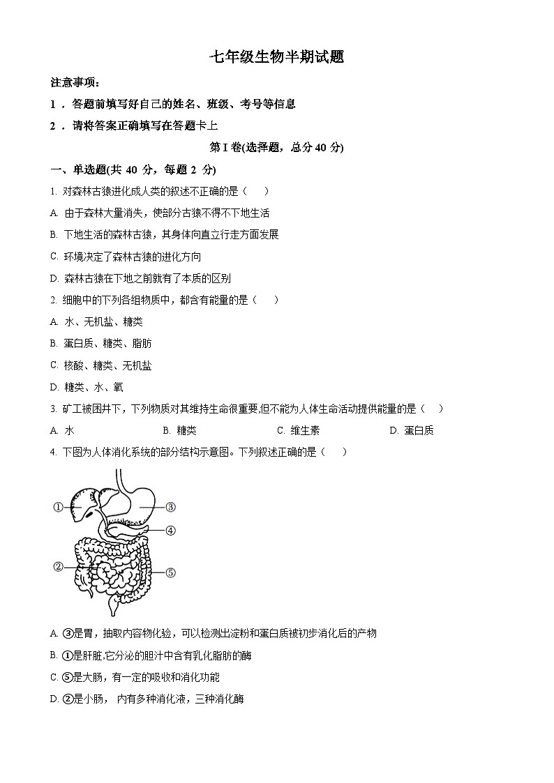 四川省眉山市仁寿县共同体期中联合2023-2024学年七年级下学期期中生物试题（原卷版）01