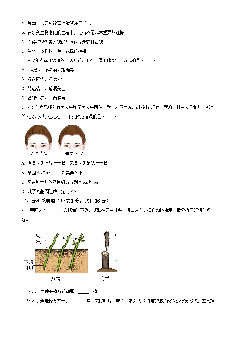 四川省泸州市合江县2023-2024学年八年级下学期期末生物学试题（原卷版）02