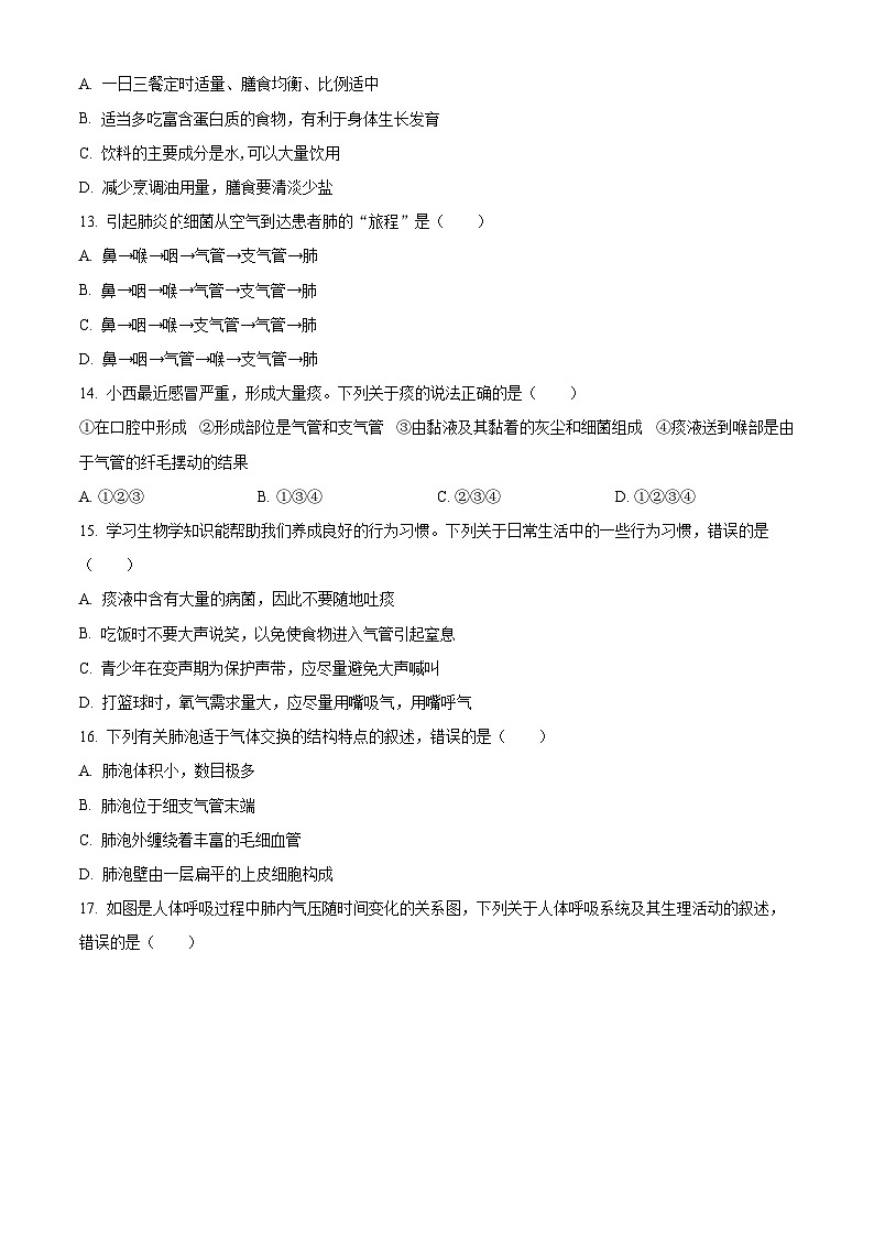 安徽省安庆市潜山市十校联考2023-2024学年七年级下学期期中生物试题（原卷版）03