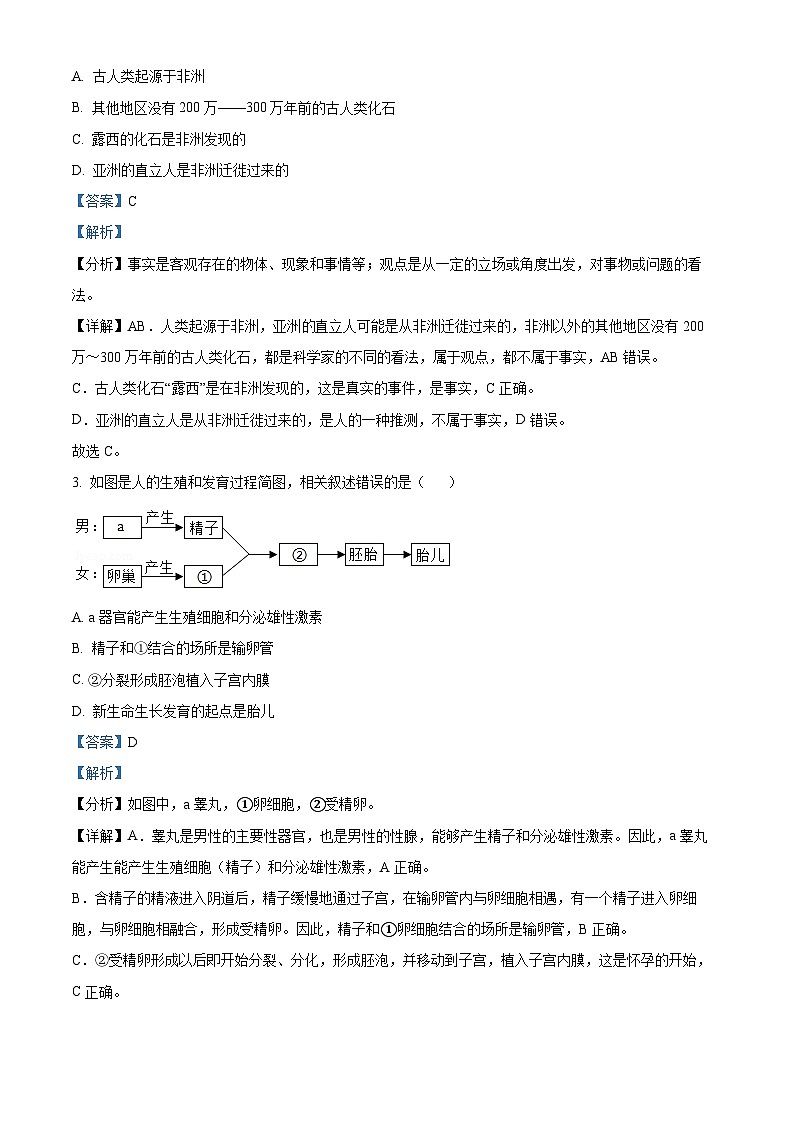 广东省广州市天河区八校联考2023-2024学年七年级下学期期中生物试题（原卷版+解析版）02