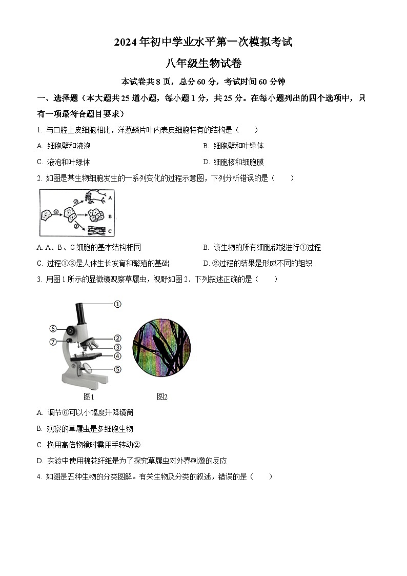 2024年河北省邯郸市邯郸经济技术开发区中学中考一模生物试题（原卷版+解析版）01