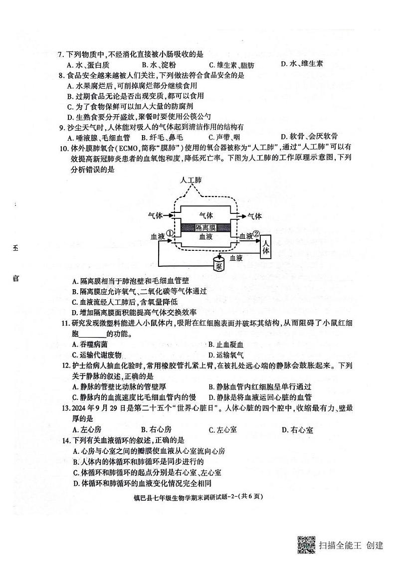 陕西省汉中市镇巴县2023-2024学年七年级下学期期末调研检测生物试卷第2页