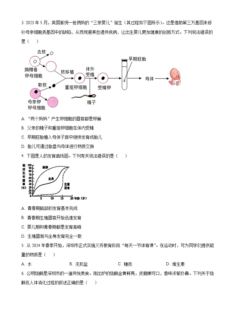 广东省深圳市罗湖区2023-2024学年七年级下学期期末生物学试题（原卷版）第2页
