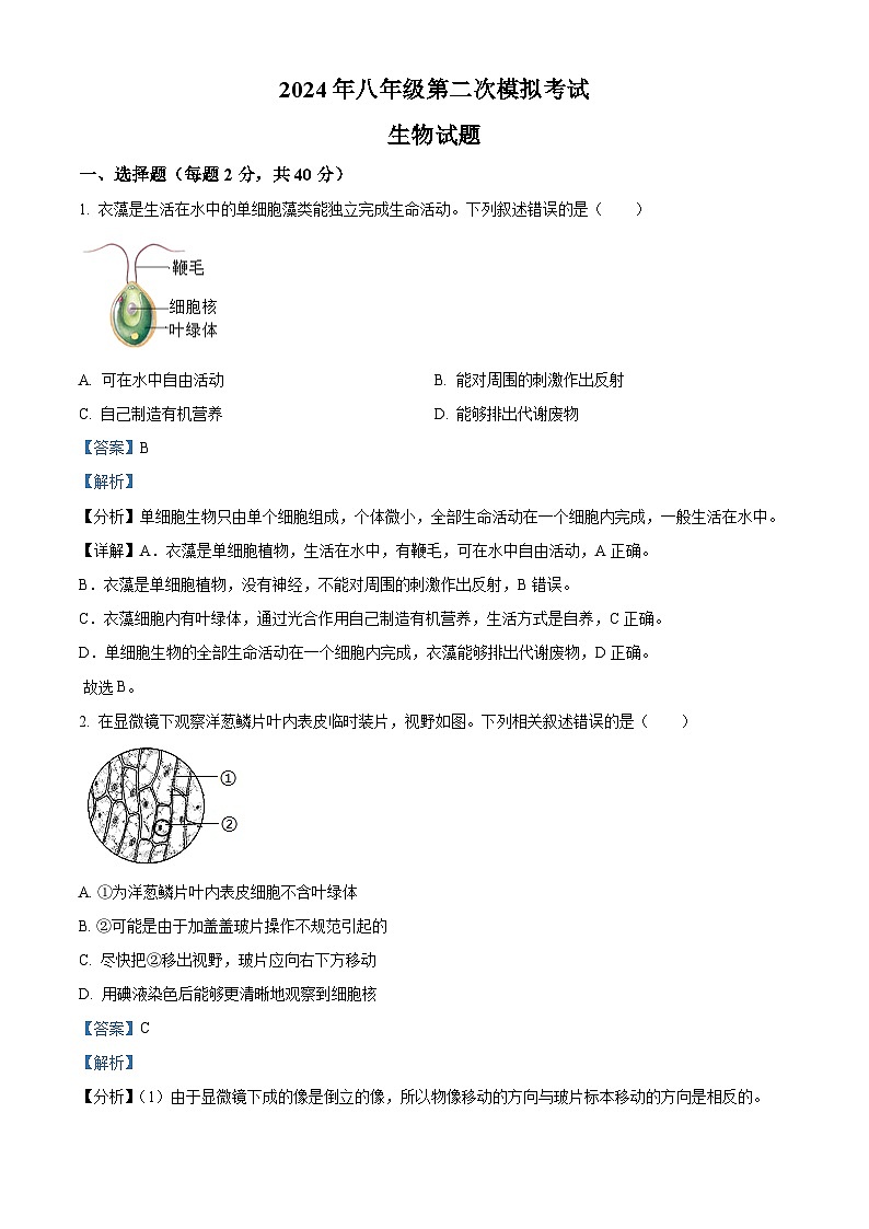 2024年江苏省徐州市新沂市八年级中考二模生物学试题（解析版）01