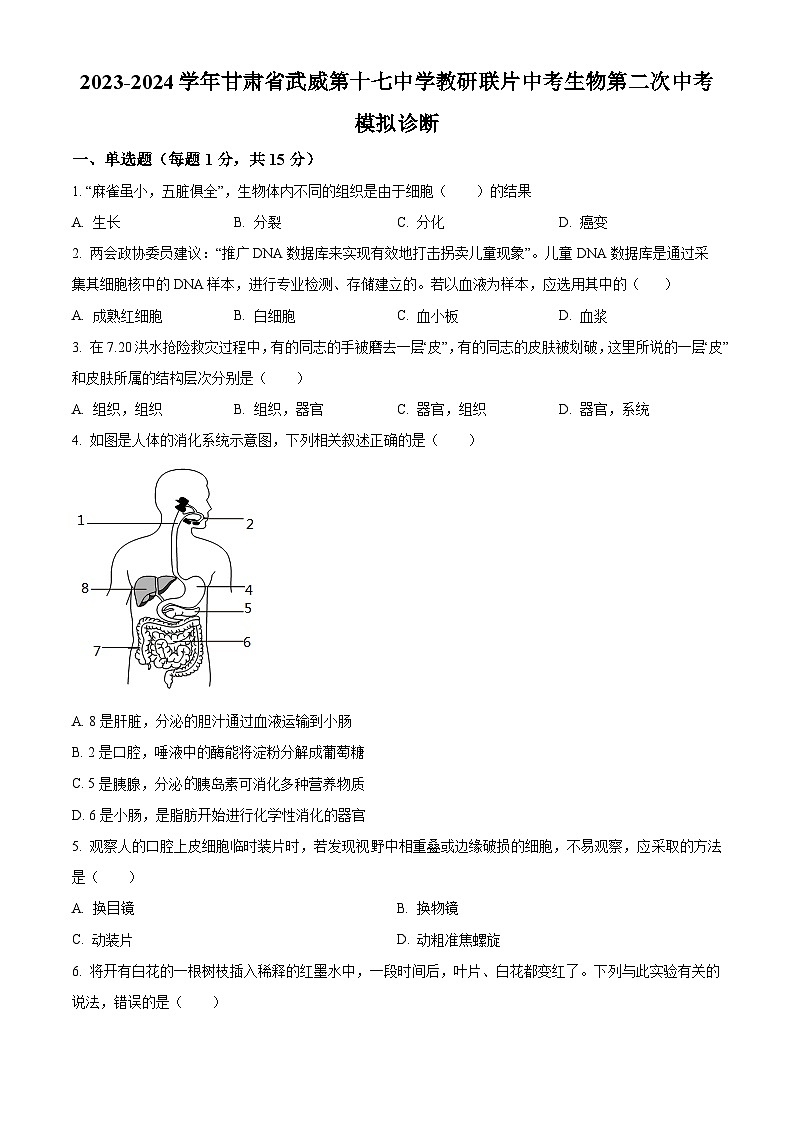 2024年甘肃省武威第十七中学教研联片中考模拟二模生物试题（原卷版）01