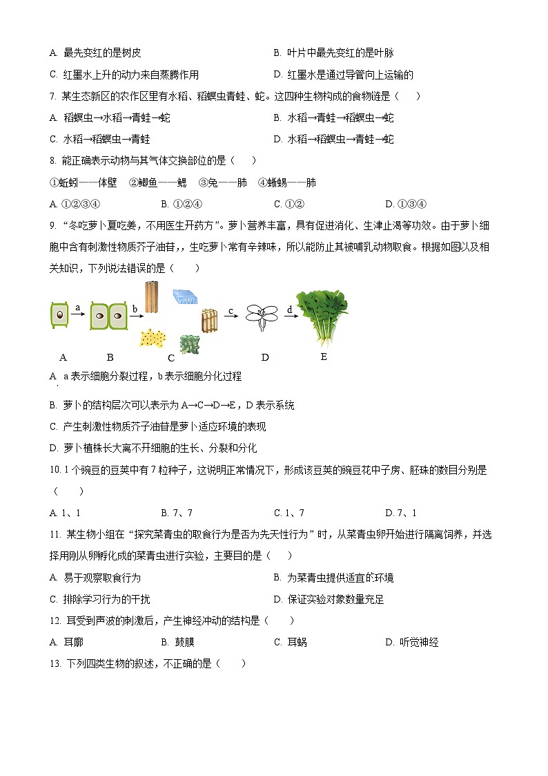 2024年甘肃省武威第十七中学教研联片中考模拟二模生物试题（原卷版）02