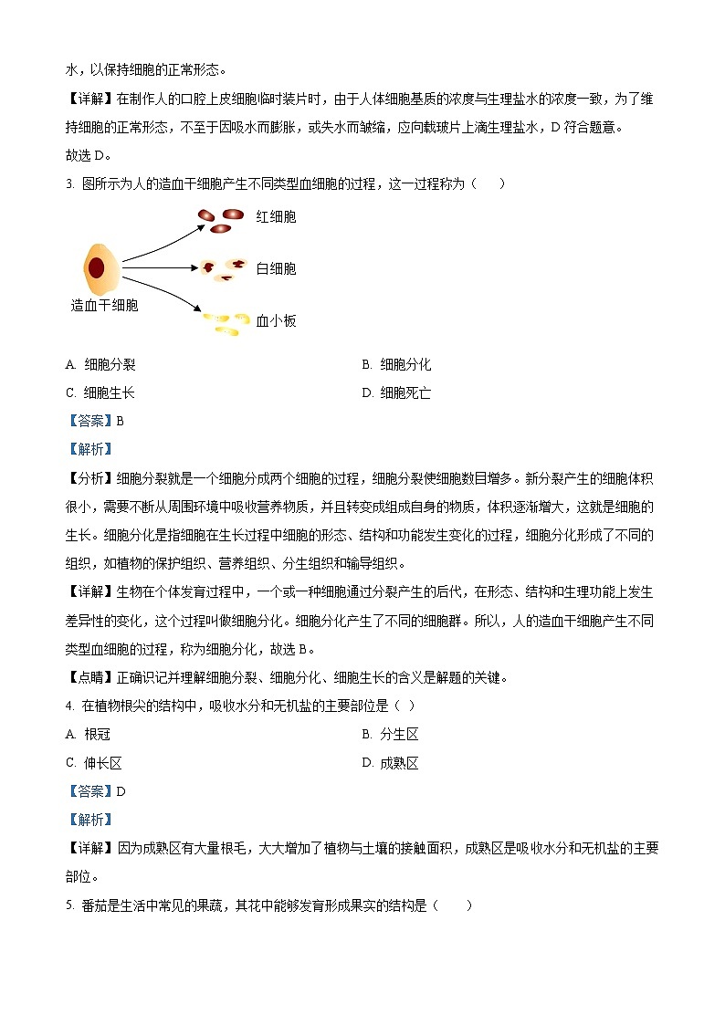 2024年北京市西城区中考真题生物真题02