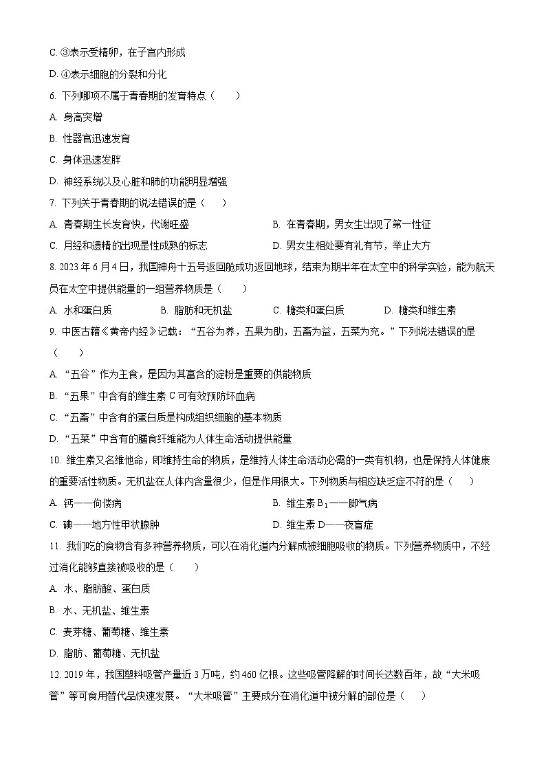 山东省临沂市莒南县2023-2024学年七年级下学期期中生物学试题（原卷版）02