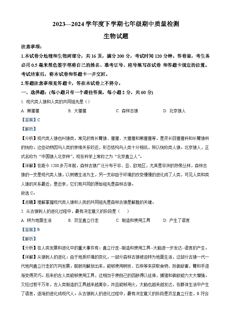 山东省临沂市费县2023-2024学年七年级下学期期中生物学试题（解析版）01
