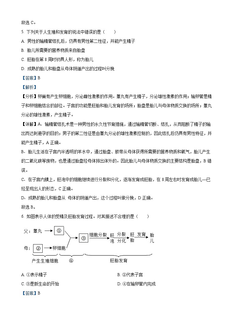 山东省聊城市莘县2023-2024学年七年级下学期期中生物学试题（解析版）03