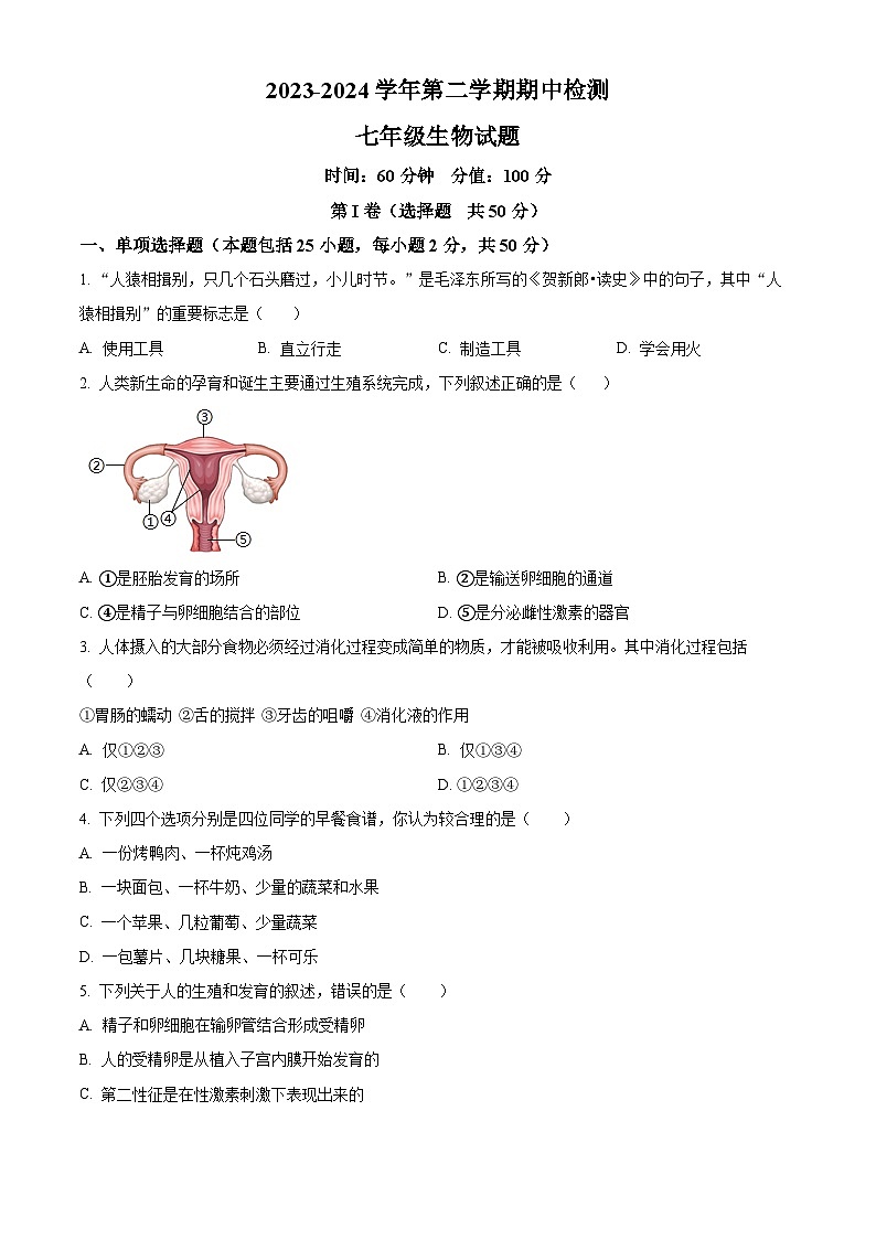 山东省聊城市东昌府区孟达外国语联考2023-2024学年七年级下学期期中生物试题（原卷版）第1页