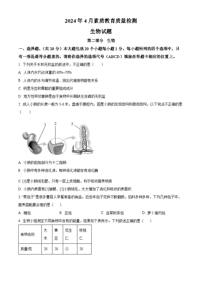 山东省菏泽市曹县2023-2024学年七年级下学期期中生物学试题（原卷版）01