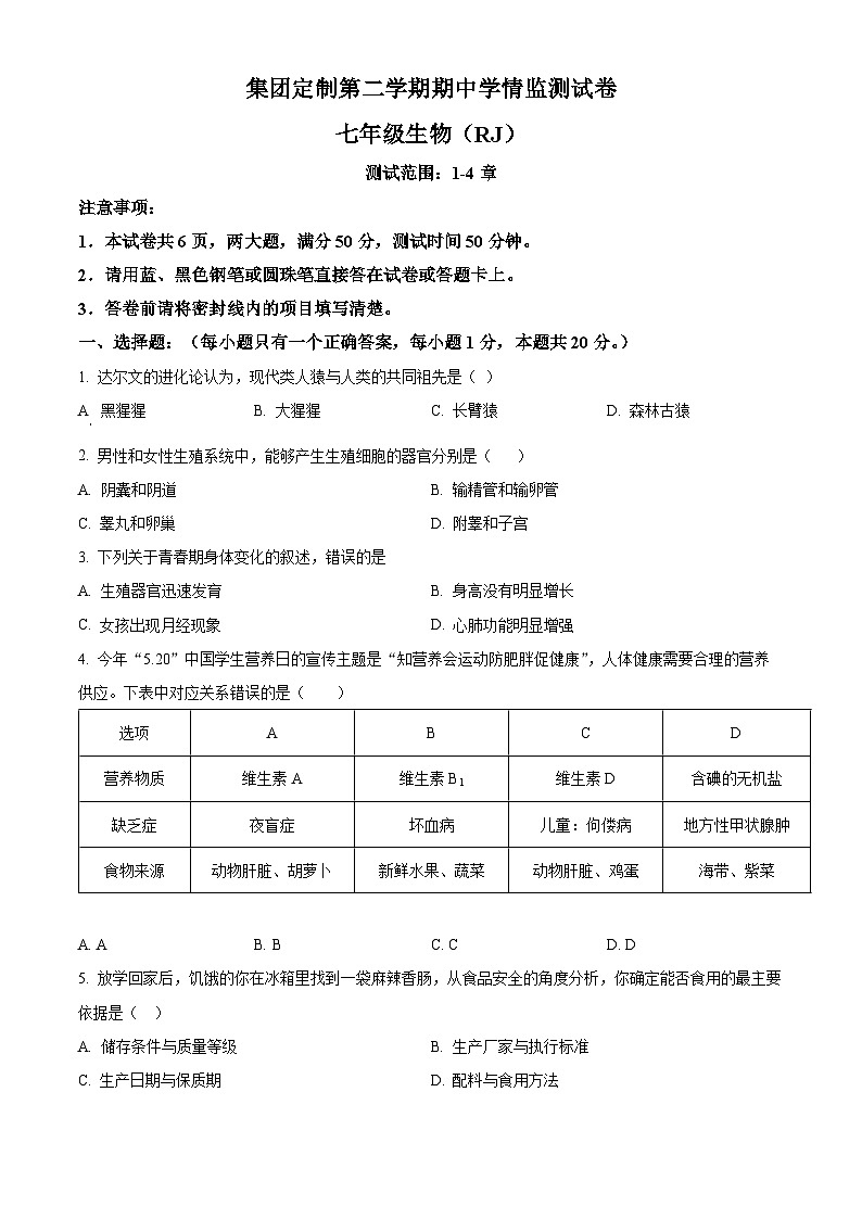 河南省新乡市多校联考2023-2024学年七年级下学期期中生物试题（原卷版）01