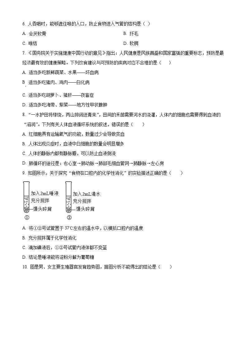 河南省新乡市多校联考2023-2024学年七年级下学期期中生物试题（原卷版）02
