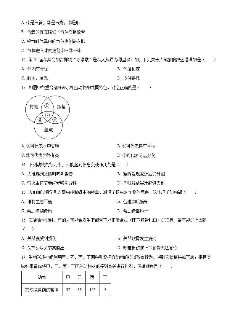 广东省深圳市罗湖区2023-2024学年八年级上学期期末生物试题（原卷版）03