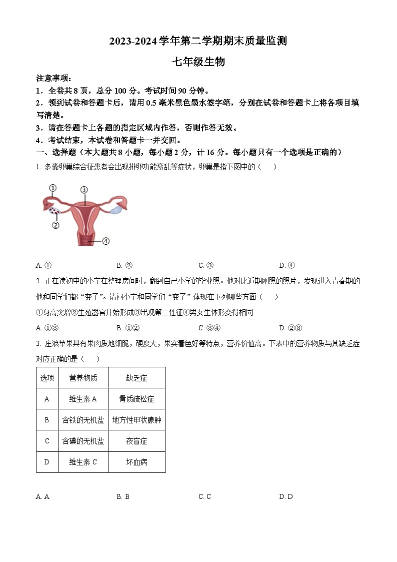 甘肃省平凉市庄浪县2023-2024学年七年级下学期期末生物学试题（原卷版）第1页