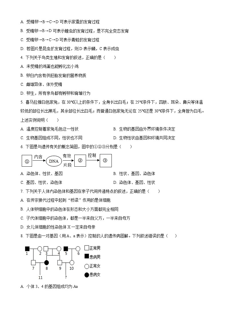 安徽省滁州市凤阳县实验中学2023-2024学年八年级下学期期中生物学试题（原卷版）02