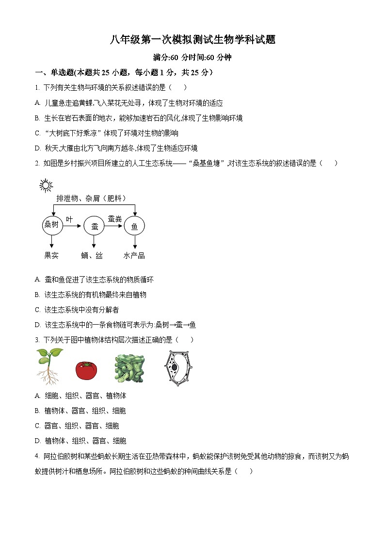 2024年陕西省西安市爱知中学八年级中考生物模拟试题（原卷版）第1页