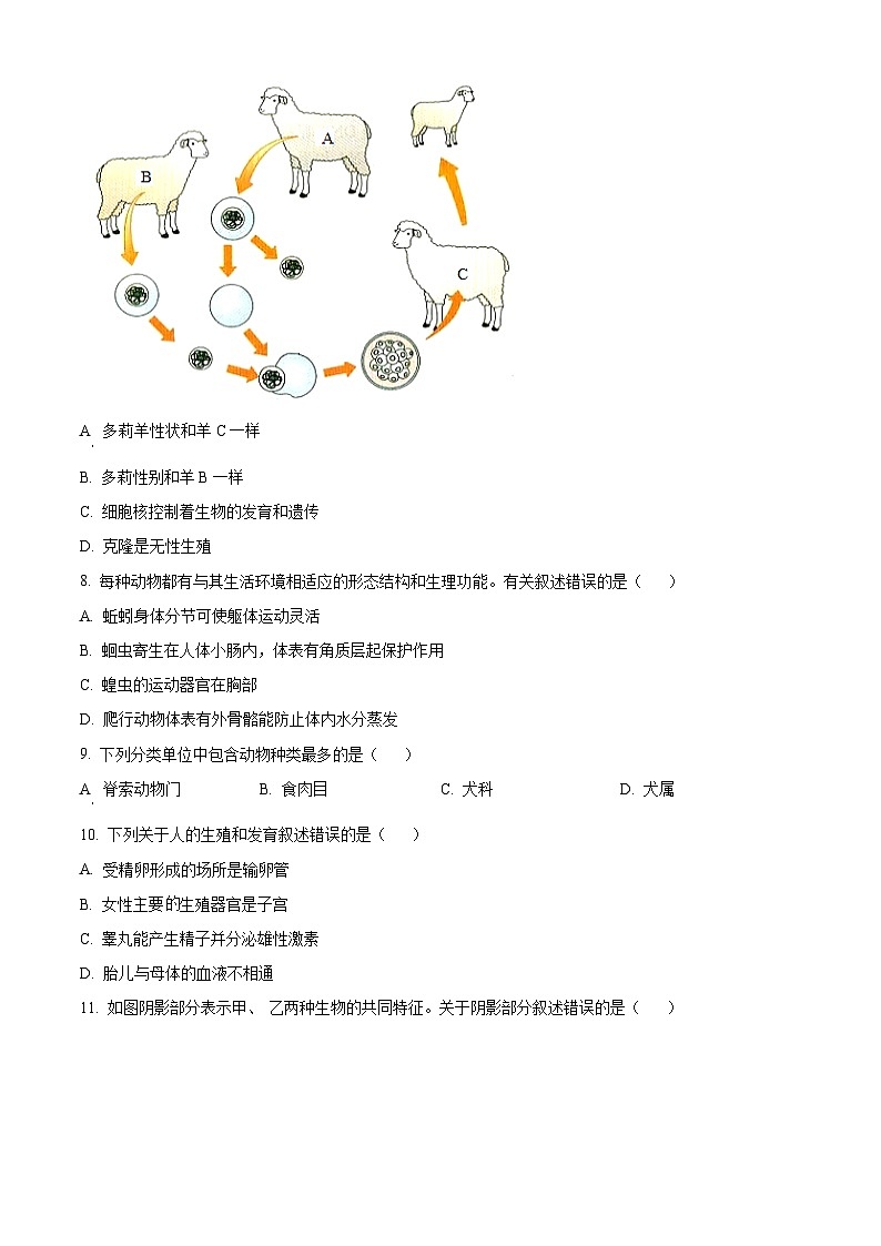 2024年陕西省西安市爱知中学八年级中考生物模拟试题（原卷版）第3页