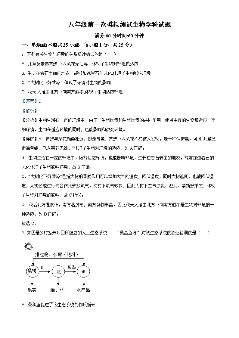2024年陕西省西安市爱知中学八年级中考生物模拟试题（解析版）第1页