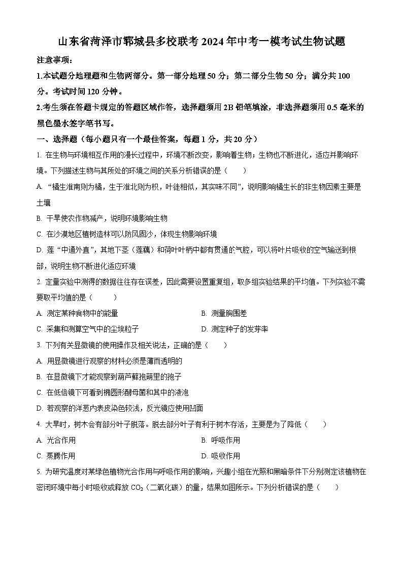 2024年山东省菏泽市郓城县多校联考中考一模生物试题（原卷版）01