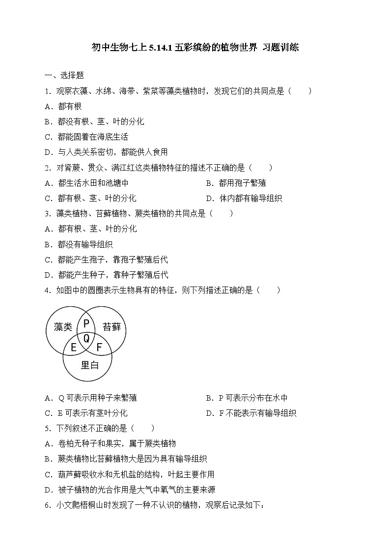 苏教版生物八上 5.14.1《五彩缤纷的植物世界》课件+学案+练习（原卷版+解析卷）01