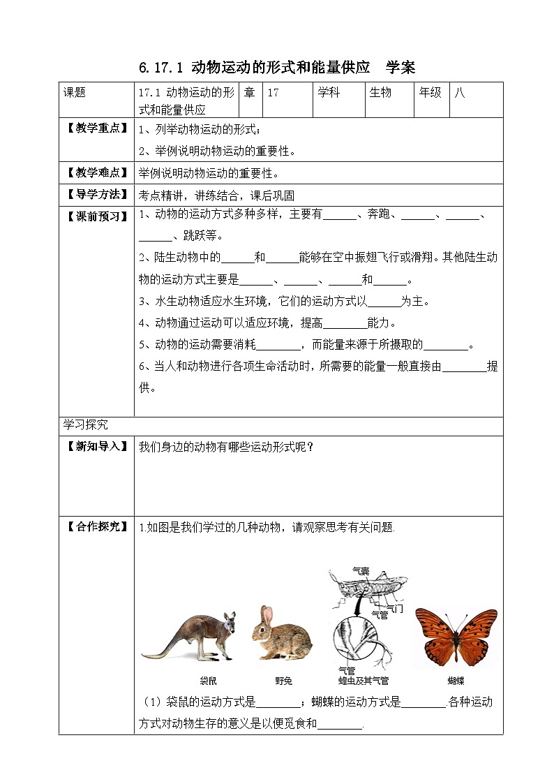 苏教版生物八上 6.17.1《动物运动的形式和能量供应》课件+学案+练习（原卷版+解析卷）01
