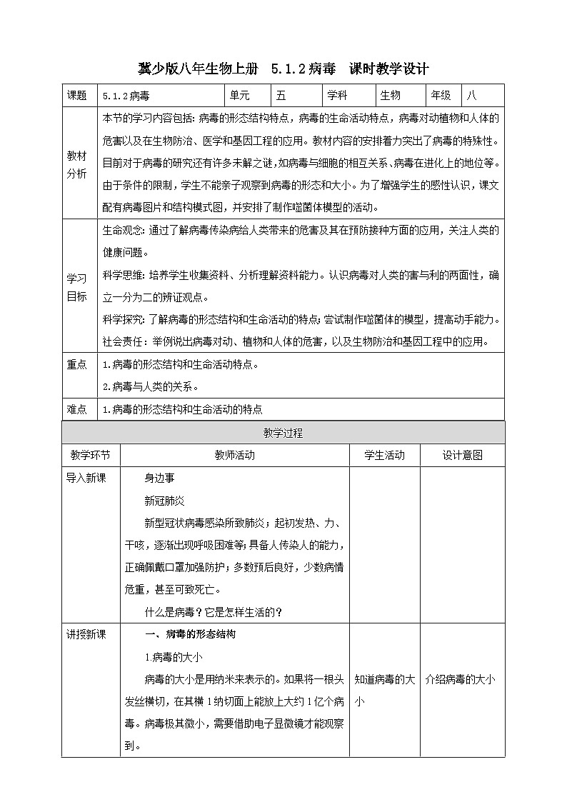 【新课标】冀少版生物八上5.1.2《病毒》课件+教案+学案01
