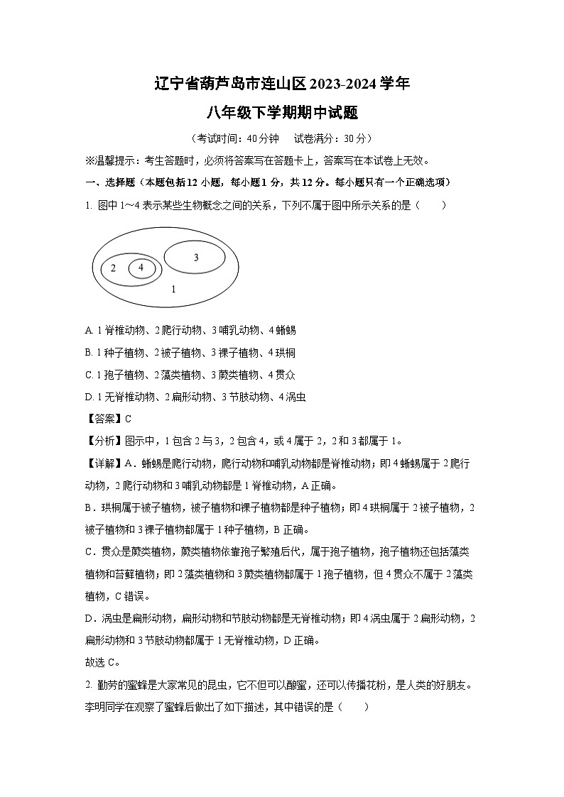 [生物][期中]辽宁省葫芦岛市连山区2023-2024学年八年级下学期期中试题(解析版)01