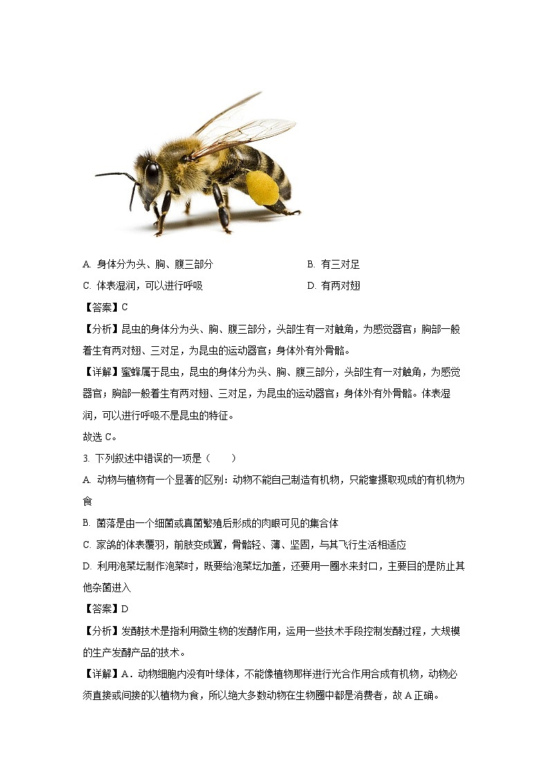 [生物][期中]辽宁省葫芦岛市连山区2023-2024学年八年级下学期期中试题(解析版)02