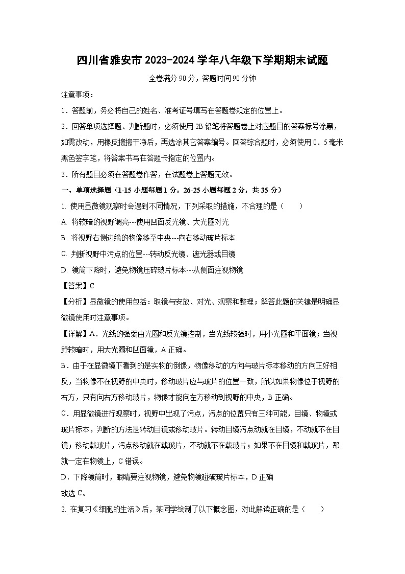 [生物][期末]四川省雅安市2023-2024学年八年级下学期期末试题(解析版)01